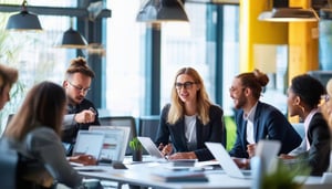 The image depicts a vibrant and dynamic office environment filled with diverse professionals engaged in animated discussions-1